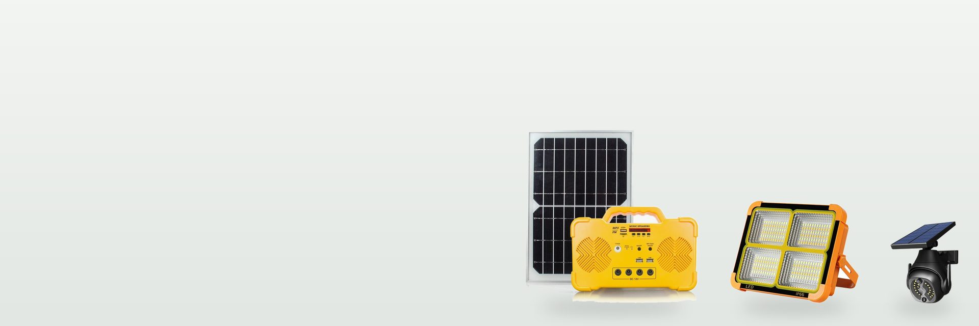 Solar home lighting kit, solar flood light and motion sensor wall light — supplier product photos on a plain studio background