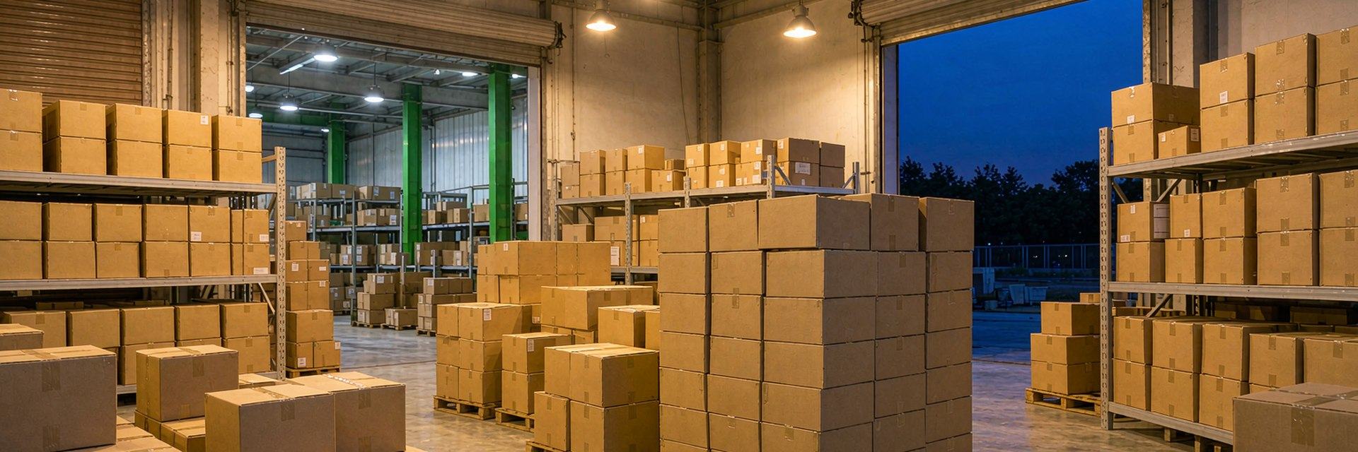 Warehouse of boxed solar lights at dusk — AI-generated illustrative scene