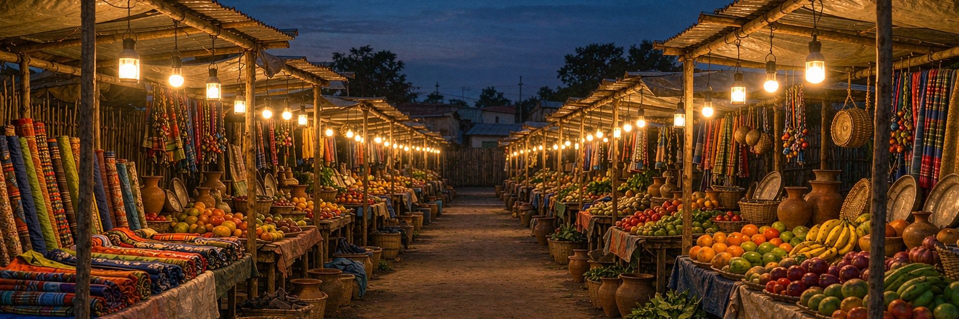 Outdoor market stalls at dusk lit by solar lanterns — AI-generated illustrative scene