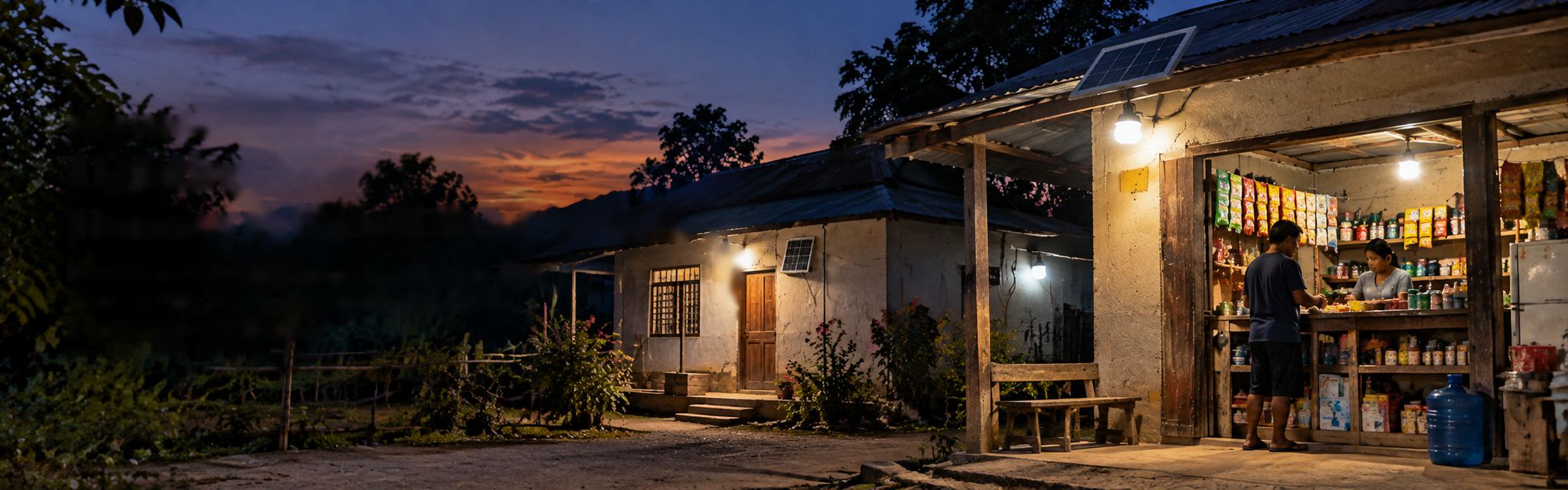 African family home and small shops lit by solar lights at dusk — AI-generated illustrative banner